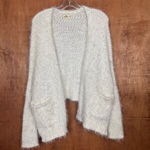 Hollister XS/S fuzzy white open front cardigan with metallic silver detail
